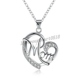 Mom Pendant Necklaces Crystal Diamond Heart Shaped Charms Fashion Love Mom Jewellery Mother Birthday Day Jewellery Gift Silver Rose Gold Colour