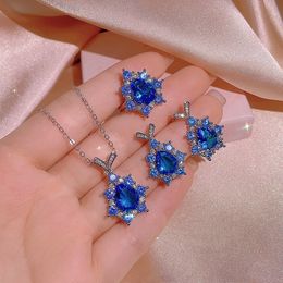 3pcs Pack Valentine's Day Gift 925 Sterling Silver Sets Engagement Wedding Bridal Blue Crystal Jewellery for Women Brides KISS059