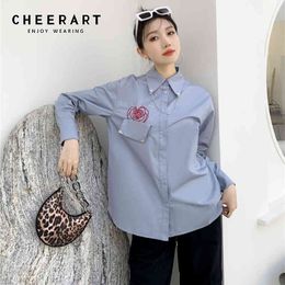 Blue Grey Designer Embroidered Blouse Women Long Sleeve Button Up Collared Shirt Fashion Spring Tops Loose 210427