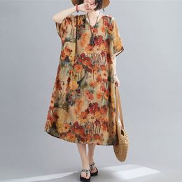 Oversized Women Loose Casual Dresses New Summer Freely Style Vintage V-neck Floral Print Female Holiday Long Dress S3772 210412