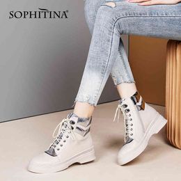 SOPHITINA Fashion Ankle Boots Cross-tied Round Toe Flat with Rubber Non-slip Women's Boots Genuine Leather Casual Shoes SO632 210513