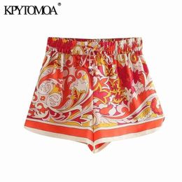 KPYTOMOA Women Fashion Totem Print Side Vents Shorts Vintage High Elastic Waist Drawstring Female Short Pants Mujer 210724