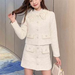 Winter Tweed Two Piece Set Women Beaded Doll Collar Jacket Coat + High Waist Mini Skirt Suits Lovely 2-Piece Outfits 210514