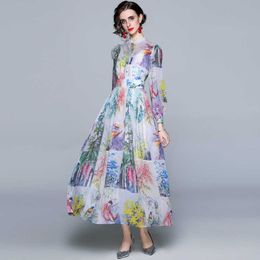 Women Summer Designer Elegant Foral Printed Shirt Dress Long Sleeve Casual Party Robe Ladies Vintage Chiffon Maxi Dress Vestidos 210525