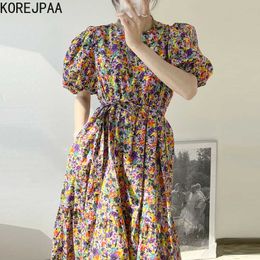 Korejpaa Women Dress Summer Korea Chic Vintage Elegant Print O Neck Colourful Floral Design Waist Slim Bubble Sleeve Dresses 210526