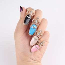 S2186 Fashion Jewelry Metal Nail Ring Hollowed Crown Rhinstone Color Glaze Nails Beauty Rings