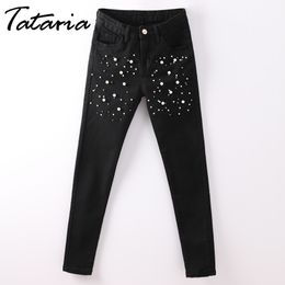Jeans With Pearls Faux Pearl Beading Black For Woman Casual Pocket Skinny Pencil Jean Denim Pants Pantalon Femme TATARIA 210514