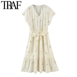 TRAF Women Chic Fashion With Sashes Floral Print Linen Midi Dress Vintage Short Sleeve With Lining Female Dresses Mujer 210415