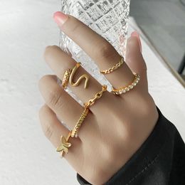 Fashion Vintage Gold Color Snake Butterfly Joint Ring Sets for Women Luxury Rhinestone Butterfly Wedding Ring Jewelry