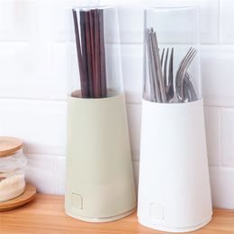 Japanese-style Kitchen Drain Chopsticks Storage Tube Household Knife and Fork Dust Shelf Tableware with Lid Plastic 210423