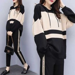 WANYUCL 2020 casual suit spring and autumn plus size hooded round neck top casual nine-point pants two-piece women Y0625