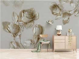 Custom wallpaper 3D photo mural papel de parede golden embossed rose flower bird background wall painting 3d wallpaper