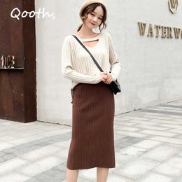Qooth Autumn Winter Elegant Female Straight Skirts Knitting Cotton Elastic Slim Hip Knitted Women Split Calf Length QT086 210609
