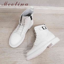 Meotina Genuine Leather Flats Platform Ankle Boots Women Shoes Zipper Cross Tied Short Boots Ladies Autumn Winter Black White 40 210520