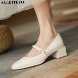 ALLBITEFO buckle soft genuine leather high heels thick heel fashion women pumps high heel shoes simple basic shoes 210611