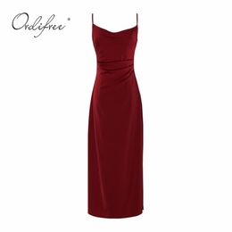 Summer Burgundy Long Party Women Satin Slip Vintage Spaghetti Strap Slik Maxi Night Dress 210415