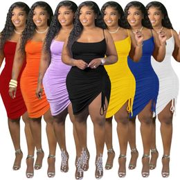 Plus Size Women Dresses Sexy Multi Colour Sling Single Side Pleated Fashion Dress Slim Sling With Design Pleated Skirt