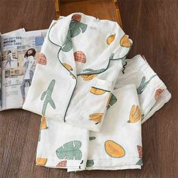 Women's Sleepwear 100% Cotton Gauze Soft Pyjama Sets Button Down Long Sleeve Pj Floral Pyjama Set Autumn Female Pyjamas 210330
