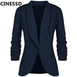 Women's Suits & Blazers CINESSD Office Lady Coat Solid Long Sleeves Cardigan Button Casual Suit Navy Blue Draped Slim Cotton Women Blazer Ja