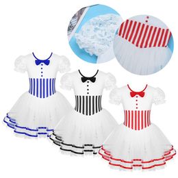 Girls Ballerina Lace Sleeves Striped Mesh Tutu Ballet Figure Skating Dress Gymnastics Leotard Performance Dance Costumes Stage Wear