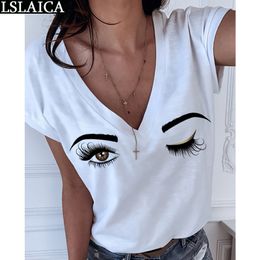 Tops women short sleeve white Deep V-neck eye print knitted causal t shirt loose clothing fashion office summer koszulka 210520