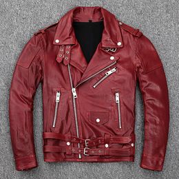 Spring 100% Genuine Soft Sheepskin Tanned Leather Jacket Mens Wine Red Motorcycle Jackets Male Motor Clothing Biker Jacket