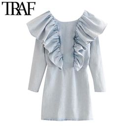 TRAF Women Chic Fashion Ruffled Denim Mini Dress Vintage O Neck Long Sleeve Back Zipper Female Dresses Vestidos Mujer 210415