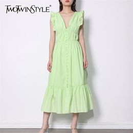 Green Dress For Women V Neck Sleeveless High Waist A Line Mid Ruched Bandage Designer Dresses Females Clothing 210520