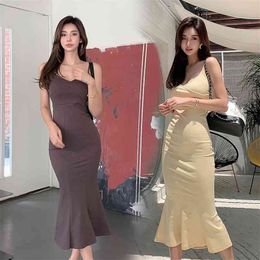 Long Maxi Dress for women summer Yellow Sleeveless Sling V neck linen Sexy Ladies Club Korea Dresses 210602
