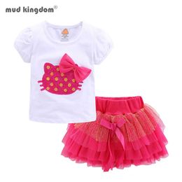 Mudkingdom Cute Summer Girls Outfits Cartoon Cat T-shirt and Tutu Skirt Set for Girl Princess Clothes Suit Children Clothing X0902