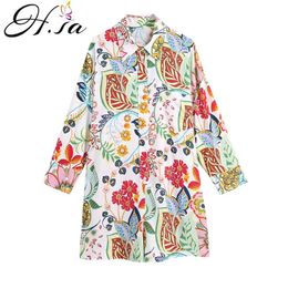 Hsa Shirt Dress for Women Summer Korean Style Clothing Chic Fashion Elegant Long Sleeve Loose Turn-Down Collar Floral Dress 210716