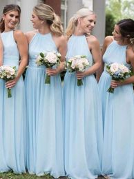 Simple Light Blue Chiffon Bridesmaid Wedding Guest Dresses Halter Open Back Long Sweep Train Maid Of Honor Formal Women Plus Size Special Occasion