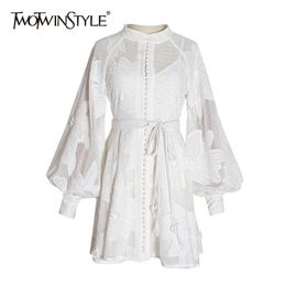 Elegant Spring Dress For Women Stand Collar Long Sleeve High Waist White Mini Dresses Female Fashion Clothing 210520