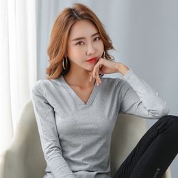 Women T-shirt Long Sleeve Spring Autumn Cotton Pullover Tops Solid Base Tees Thin Elastic Casual V-Neck Tight T-Shirts 210423