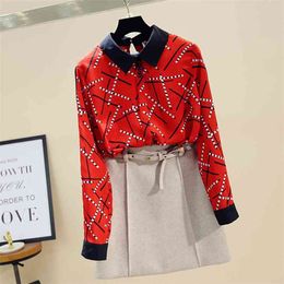 Spring Autumn Women's Contrast Color Shirt Peter Pan Collar Printed Chiffon Stitching Long-Sleeved Female Blouses Tops GD235 210506