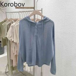 Korobov New Women Vintage Sweaters Korean Harajuku O Neck Hooded Pullovers Preppy Style Solid Long Sleeve Sueter Mujer 210430