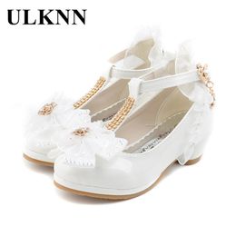 ULKNN Children Party Leather Shoes Girls PU Low Heel Lace Flower Kids For Single Dance Dress shoe White Pink 220225