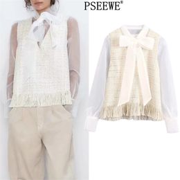 Spring Tweed Patchwork Top Female Elegant Long Sleeve Chic Woman Blouse Fashion Bow Organ Semi Sheer Tops 210519