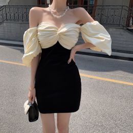 Maxi Dress Women Summer Splicing black rice bubble Long Sleeve Pullover Strapless tube top High waist 196C 210420