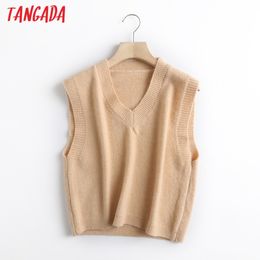 Women Fashion Solid Beige Knitted Vest Sweater V Neck Sleeveless Female Waistcoat Chic Tops WF20 210416