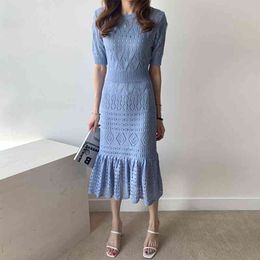 Summer Round Neck Hollow Short Sleeve Design Knitted Bag Hip Dress Long Robe Slim Ruffles Dresses 4 Colour QV318 210510