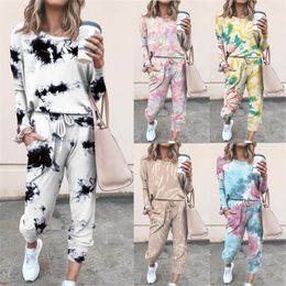 Tie Dye Print Two Piece Sets Women Autumn Winter O Neck Long Sleeve Loose Tops+Drawstring Pocket Long Pants Femme Tracksuit Sets 210507