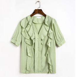 Light Green White V Neck Solid Ruffle Button Chiffon Shirt Short Sleeve Summer Casual Elegant Women B0623 210514