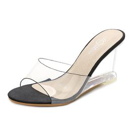 Summer Women Slippers PVC Jelly Crystal Heel Transparent Sexy Clear High Heels Simple Wedge Sandals Pumps Size 34-43s9