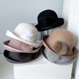 autumn winter wool Flip eaves Fox pompon lady bucket cap women leisure hat