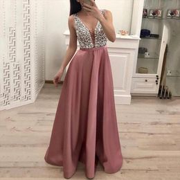 Lentejuelas largas partidos de boda fiesta para mujer vestido sin mangas en V cuello azul una línea elegante gasa vestidos de dama de honor cena Lentejuelas largas partidos de boda fiesta para mujer vestido sin mangas en V cuello azul una línea elegante gasa vestidos de dama de honor cena