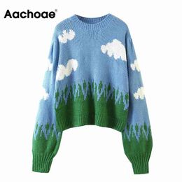 Aachoae O Neck Casual Print Knitted Sweater Women Lantern Long Sleeve Loose Tops Lady Soft Warm Pullover Sweater Jumper Sueter 210413
