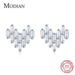925 Sterling Silver Luxury Romantic Heart Stud Earrings for Women Emerald Cut Shiny Clear CZ Wedding Engagement Jewellery 210707