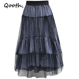 Qooth Plaid Multi-Layer Plus Size Skirt Women's Mesh Stitching Ruffled Elastic Waist Skirt Big Swing A-line 4XL Skirt QT702 210518