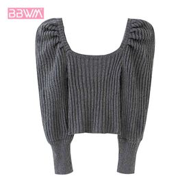 Women's Long-sleeved, Square-necked Warm Sweaters Female Puff Sleeves Slimming Knit Sweater Top with A Head and An Open Back 210507
